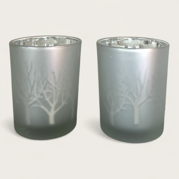 waxine licht glas grijs boompjes.PNG 2 set Set van 2 grijze waxinelichthouders met Led lampjes - Afbeelding 1