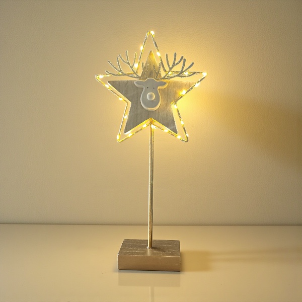 Photoroom_20251129_150239 2 Houten Kerstster met rendier en LED-verlichting H45 - Afbeelding 1